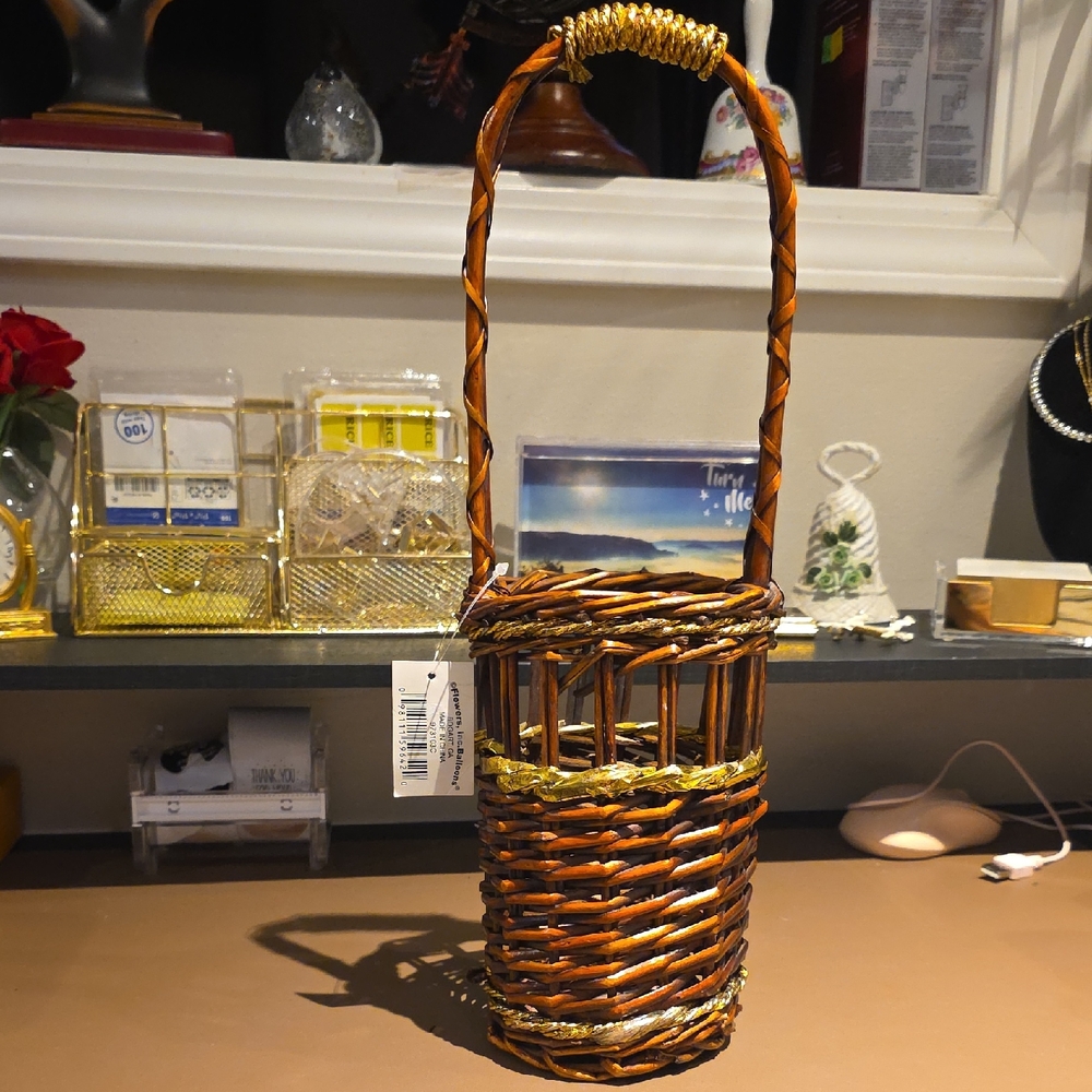 Elegant Brown and Gold Woven Basket with Handle
